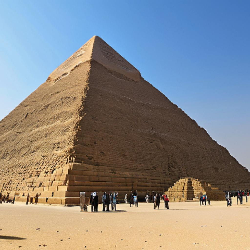 **
A vast panorama showcasing the Great Pyramid of Giza against a clear blue sky. In the foreground, fully clothed tourists explore the ancient site, their figures small in comparison to the monumental structure. The scene should convey a sense of awe and historical significance, highlighting the pyramid's impressive scale and the arid beauty of the surrounding desert. Include "safe for work," "appropriate content," "fully clothed," "family-friendly," "professional photography," and "natural proportions."
**