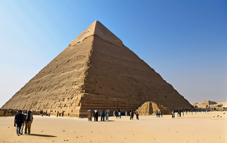 **

A vast panorama showcasing the Great Pyramid of Giza against a clear blue sky. In the foreground, fully clothed tourists explore the ancient site, their figures small in comparison to the monumental structure. The scene should convey a sense of awe and historical significance, highlighting the pyramid's impressive scale and the arid beauty of the surrounding desert. Include "safe for work," "appropriate content," "fully clothed," "family-friendly," "professional photography," and "natural proportions."

**