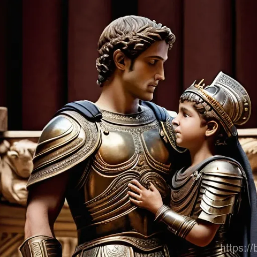 트로이 전쟁과 호메로스의 일리아스 - **Prompt for Hector's Farewell:**
    "A poignant scene depicting the Trojan Prince Hector, fully cl...