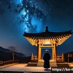 조선의 과학 기술 발전 - An intricate scene of a traditional Joseon-era astronomer observing the night sky with ancient woode...