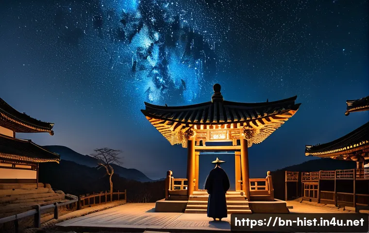 조선의 과학 기술 발전 - An intricate scene of a traditional Joseon-era astronomer observing the night sky with ancient woode...