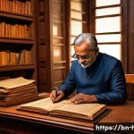 역사 연구 방법론 - A detailed scene of a Bengali historian carefully examining ancient manuscripts and government docum...