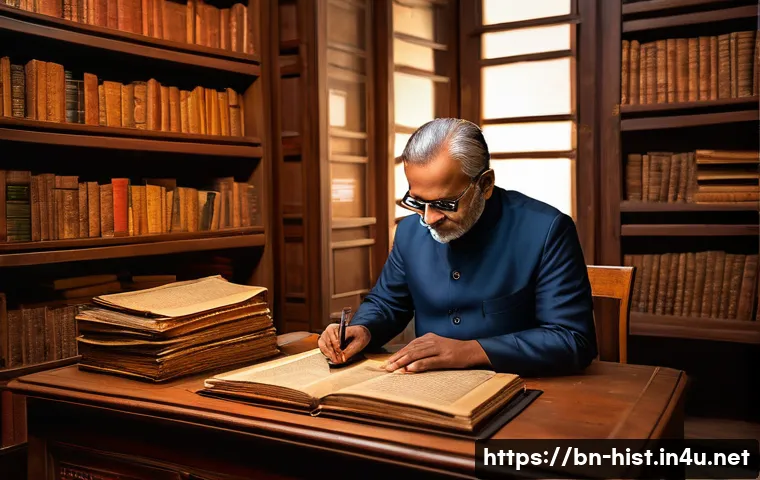 역사 연구 방법론 - A detailed scene of a Bengali historian carefully examining ancient manuscripts and government docum...