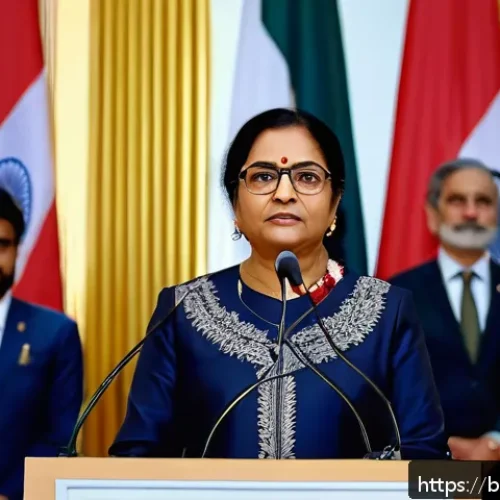 세계사 속 여성 지도자 - A dignified Bengali woman political leader standing confidently at a podium during a diplomatic summ...