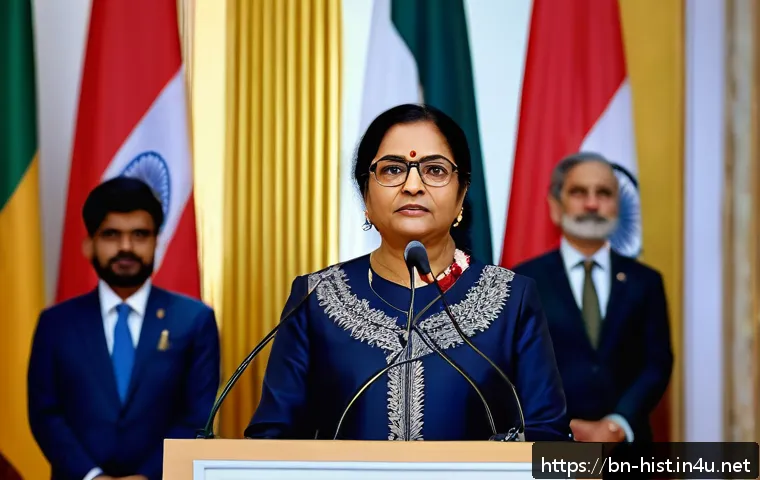 세계사 속 여성 지도자 - A dignified Bengali woman political leader standing confidently at a podium during a diplomatic summ...