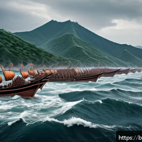 몽골의 일본 원정 실패 원인 - A detailed scene depicting the Mongol invasion fleet approaching the Japanese coastline during the 1...