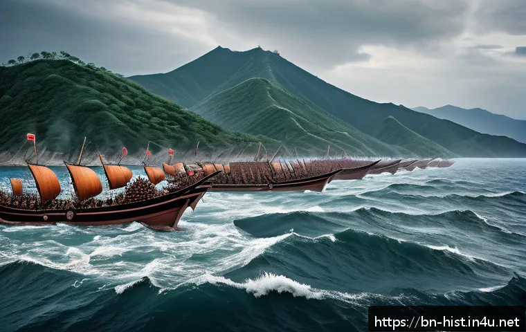 몽골의 일본 원정 실패 원인 - A detailed scene depicting the Mongol invasion fleet approaching the Japanese coastline during the 1...