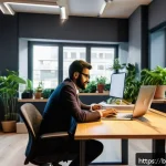 흑사병과 유럽 경제 구조 변화 - A detailed scene of a modern European urban office transitioning to remote work during an economic d...