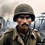 제2차 세계대전 주요 전투 - A detailed scene of a World War II infantry soldier in authentic military uniform with visible dirt ...