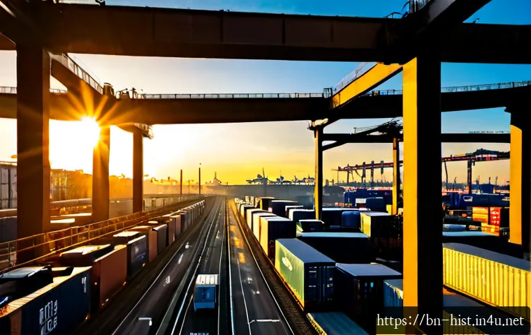 유럽연합 형성과 경제적 영향 - Photorealistic modern European trade hub at sunrise, diverse business professionals moving between g...