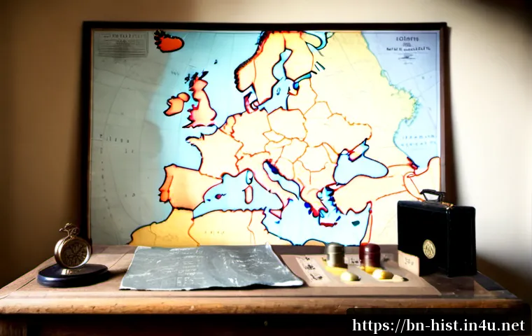 제1차 세계대전 원인 분석 - Photorealistic historical analysis scene, an antique wooden desk with a large unmarked map of early ...