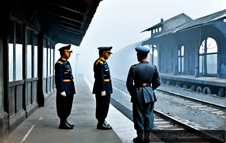 Home 17 제2차 세계대전 이후 냉전의 시작 - Photorealistic 1946 European railway platform at dawn, a tense divide between two groups of civilian...