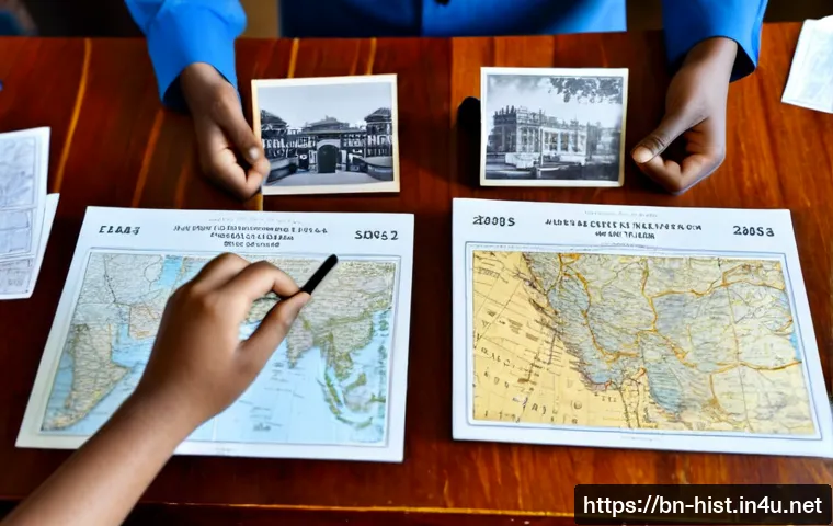 동아시아 근현대사 비교 - Photorealistic museum study table comparing modern East Asian history, a Bengali researcher’s hands ...