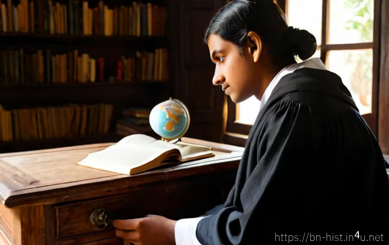 Home 30 근대 서양 철학과 역사적 맥락 - Photorealistic university study scene in Bengal, thoughtful Bengali graduate student at a wooden des...